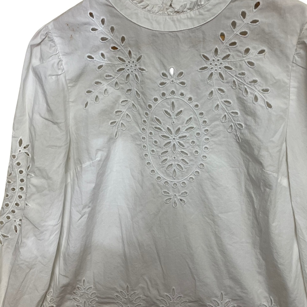 J.Crew Eyelet Blouse Women M White Excellent Ruffle Neck Long Sleeve Poplin